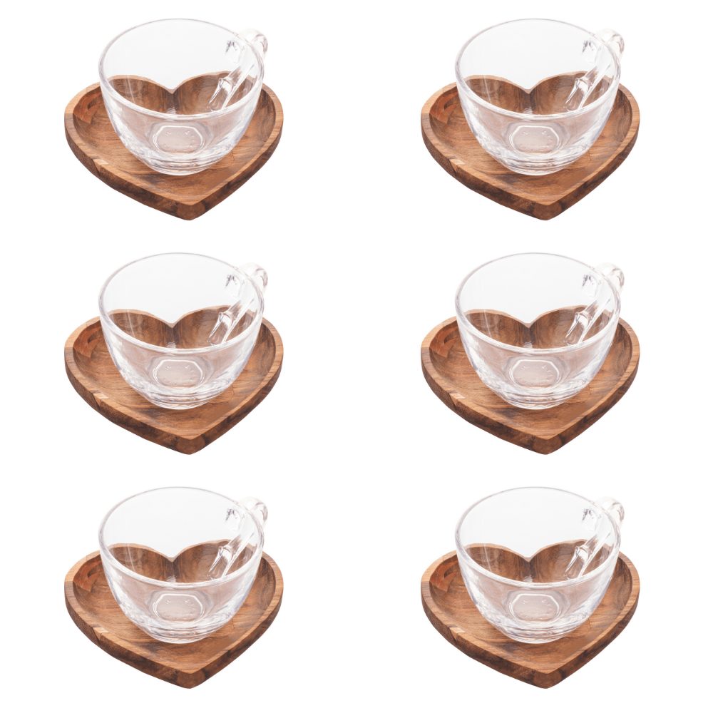 Jogo 6 Xícaras de Chá Com Prato em Madeira Teca Coração 190ml - Ela Decora