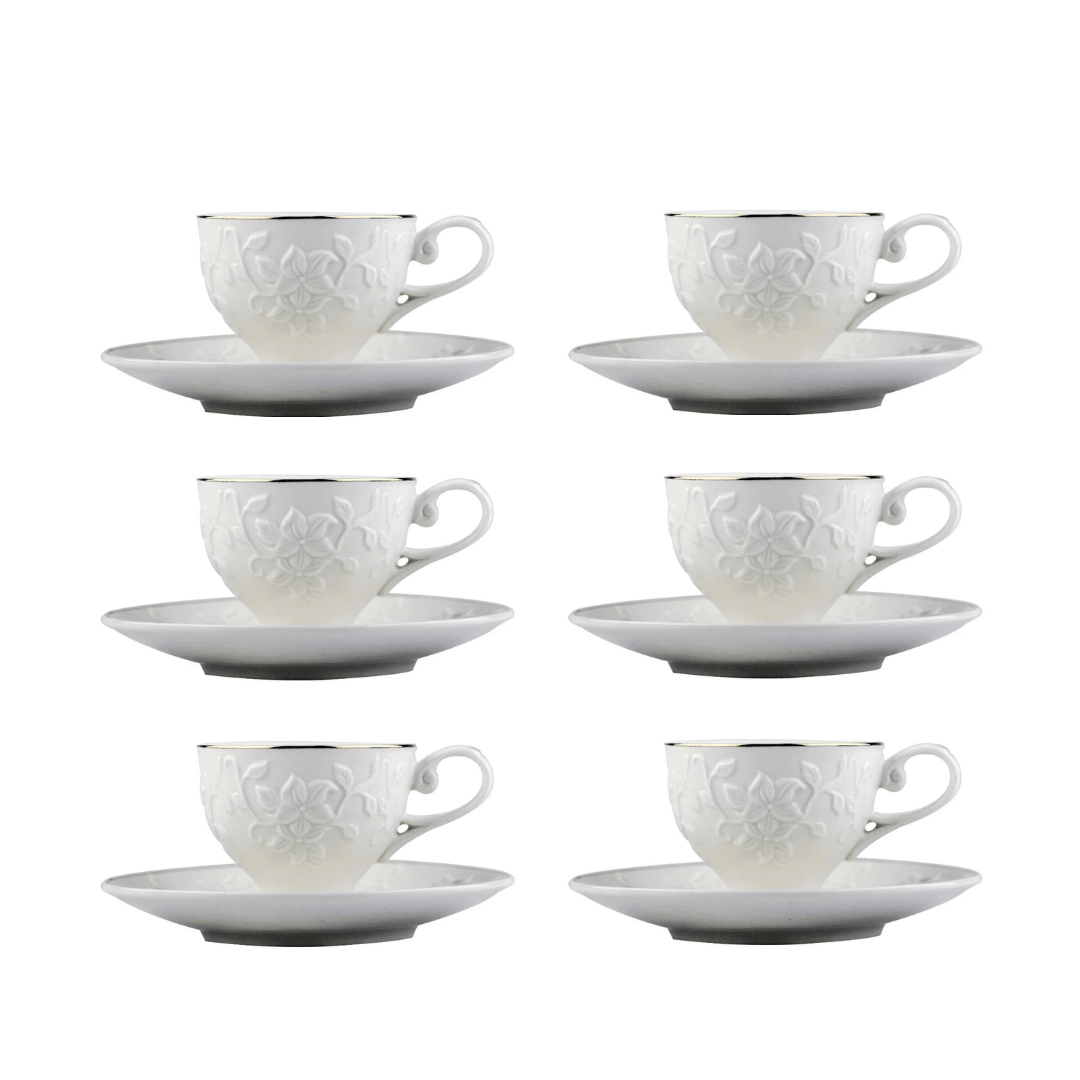 Jogo 6 Xícaras para Café com Pires Scarlet New Bone Branco com Borda Dourada 90ml - Ela Decora