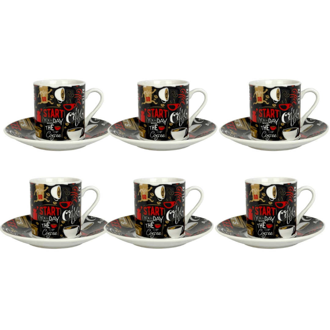 Jogo 6 Xicaras Start para Café com Pires com Pires Porcelana Preto 80ml - Ela Decora