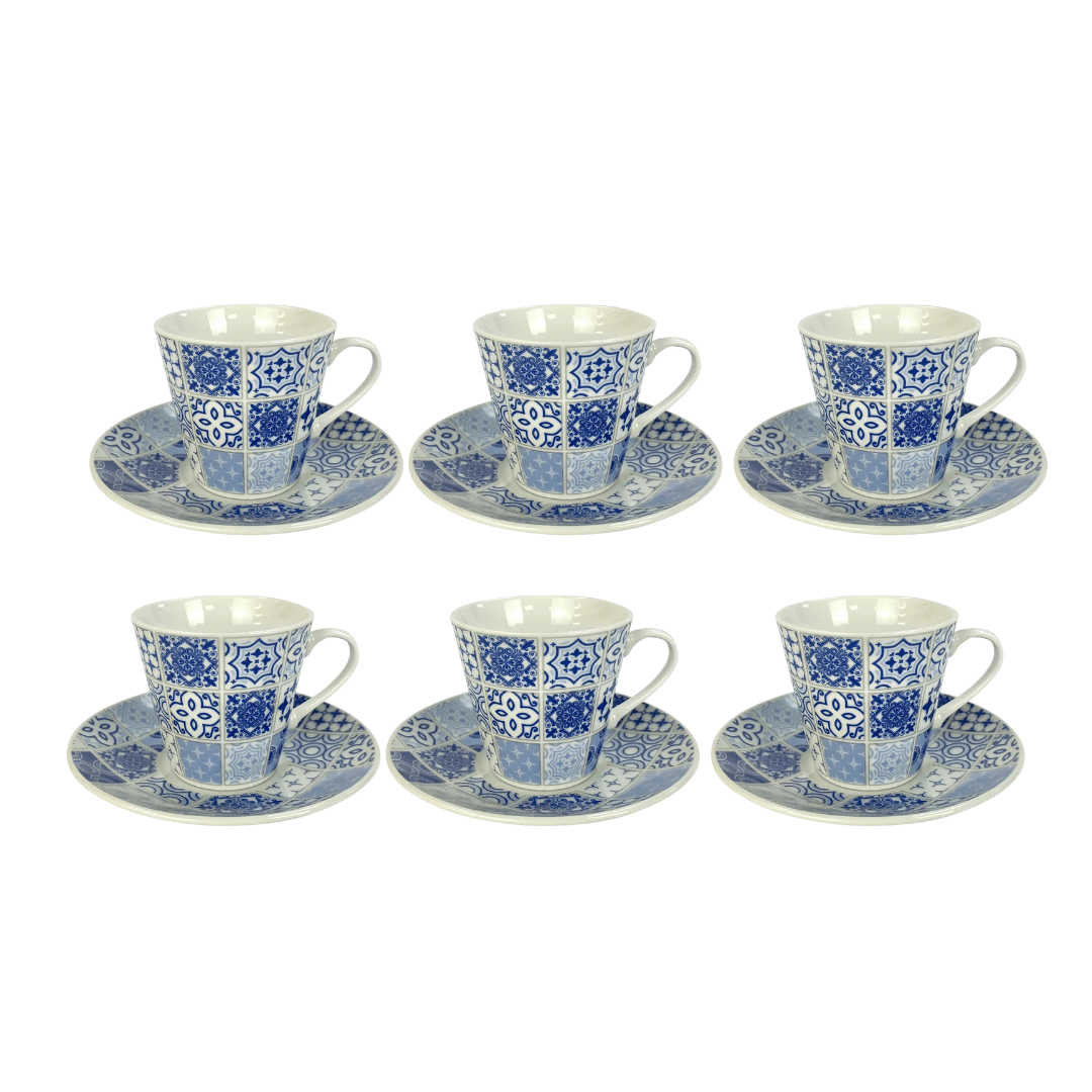 Jogo 6 Xicaras Tile para Café com Pires Porcelana Azul e Branco 90ml - Ela Decora
