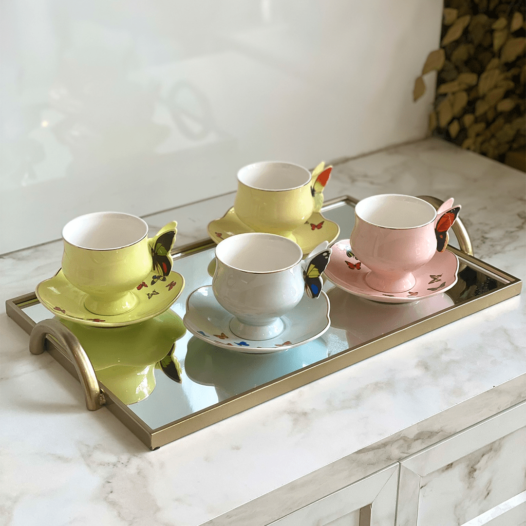 Jogo 8 Peças para Chá Papilon com Borda Dourada 200ml - Ela Decora