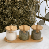 Jogo de 3 Potes Borossilicato com Colher Tampa e Suporte em Bambu - Ela Decora