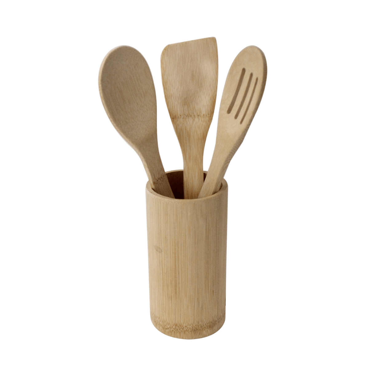 Jogo de 3 Utensílios em Bambu com Suporte para Cozinha - Ela Decora
