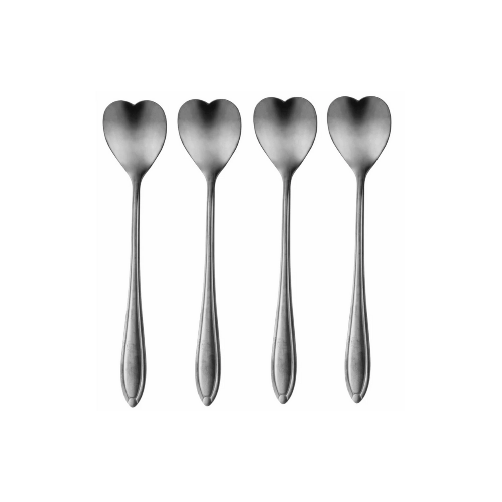 Jogo de 4 Colheres Aço Inox para Chá Heart Coração Ônix - 12,7 cm - Ela Decora