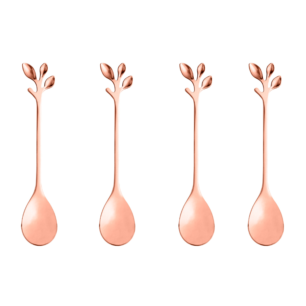 Jogo de 4 Colheres Aço Inox Para Chá Leaves Folhas Rose Gold - Ela Decora