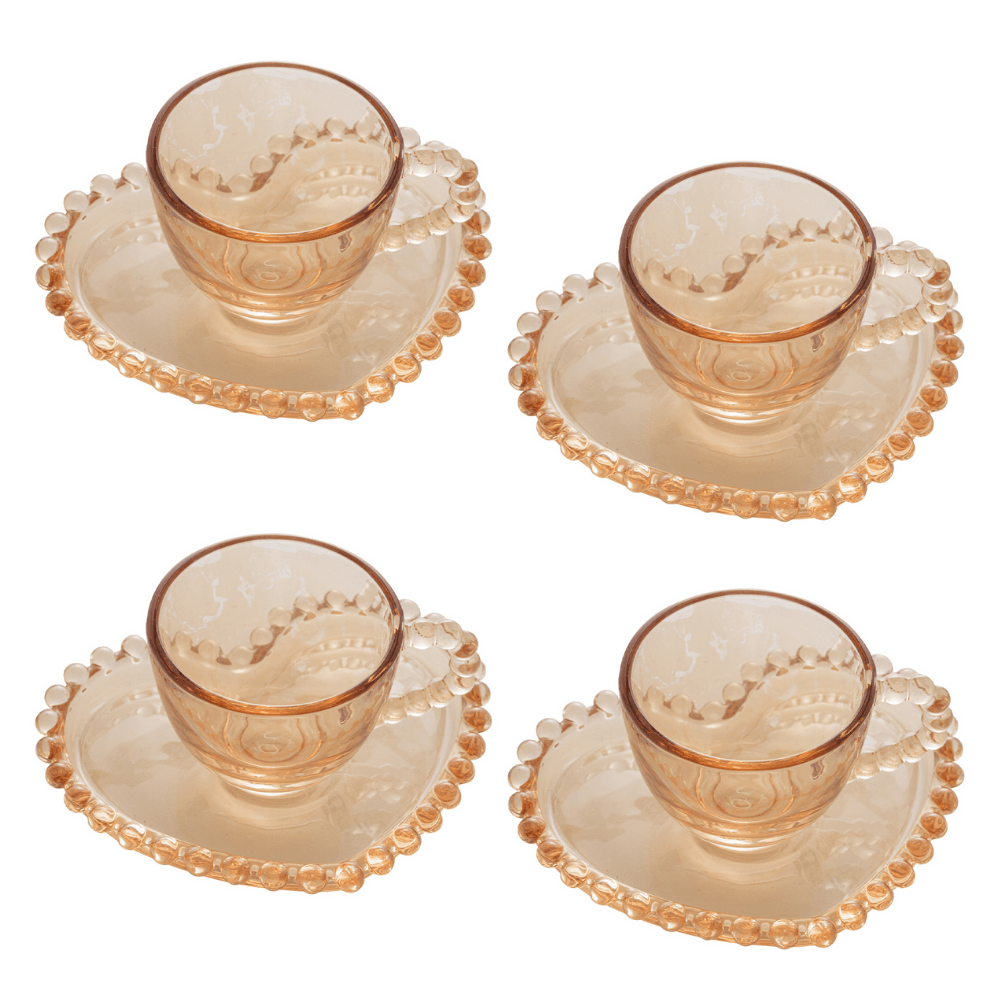 Jogo de 4 Xícaras de Café Cristal com Pires Coração Pearl Âmbar - 85 ml - Ela Decora