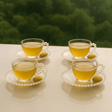 Jogo de 4 Xícaras de Chá Cristal de Chumbo com Pires Pearl Bolinha - 180ml - Ela Decora