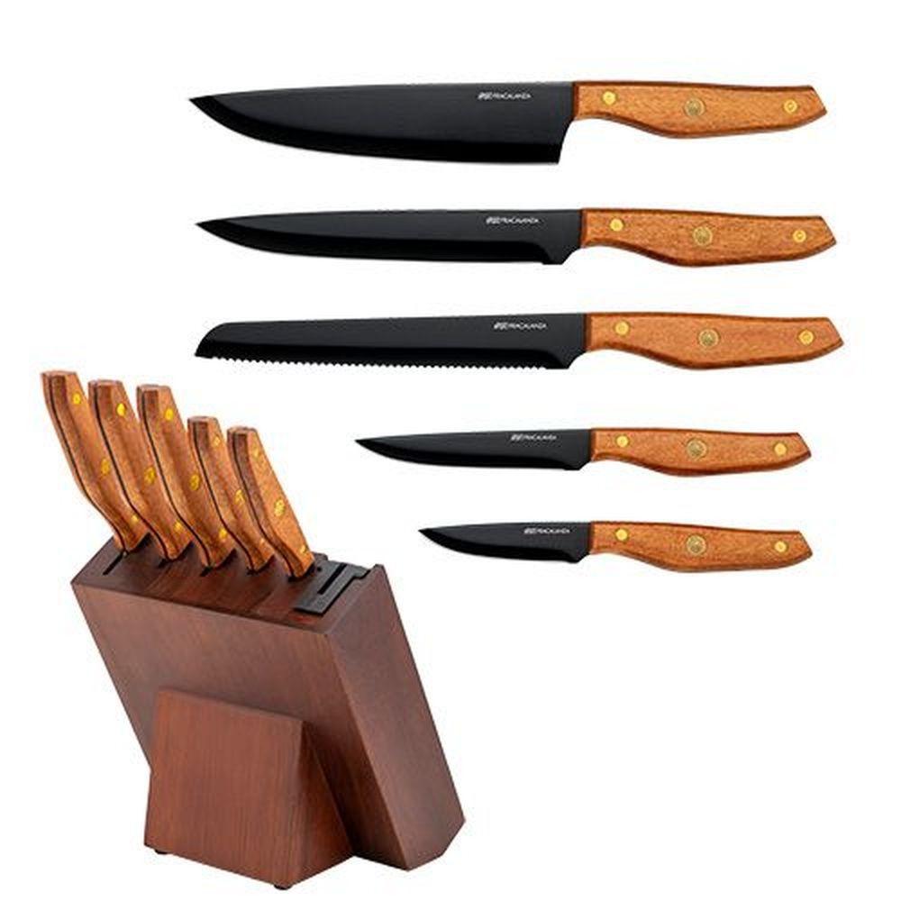 Jogo De 5 Facas Hanzzo Wood em Aço Inox Lâmina Preta - Ela Decora