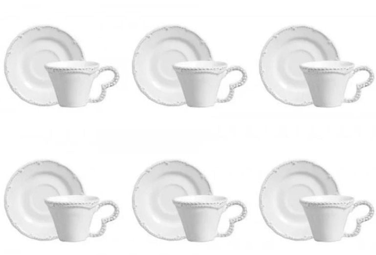 Jogo de 6 Xicaras com Píres Rendada Provence Branca 200ml - Ela Decora