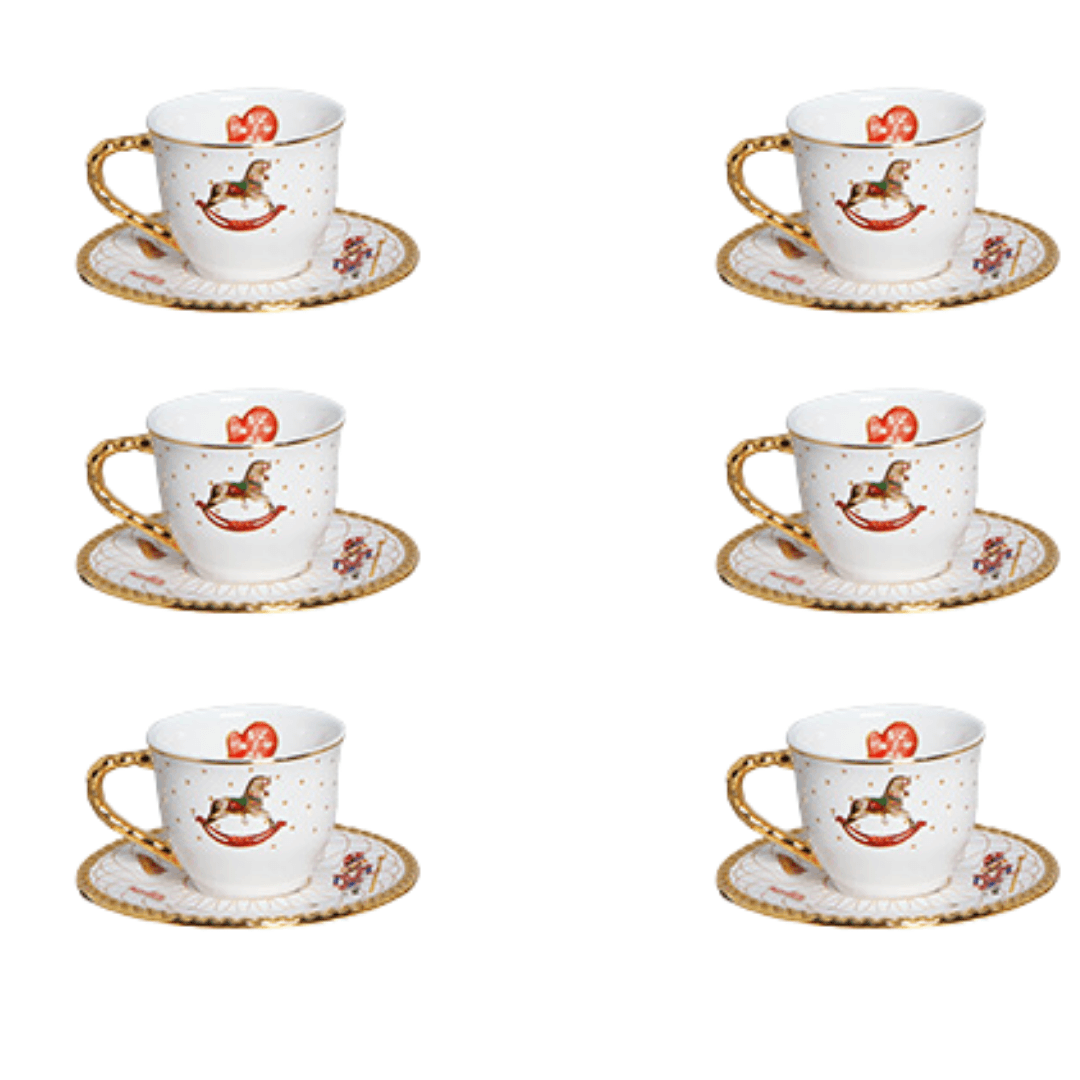 Jogo de 6 Xicaras para Chá com Pires Toys Christmas Natal Branco e Dourado 200ml - Ela Decora