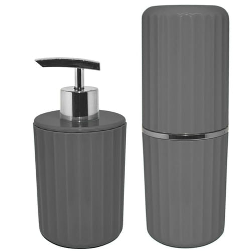 Jogo De Banheiro Porta Escova e Porta Sabonete Liquido Groove Chumbo - Ela Decora