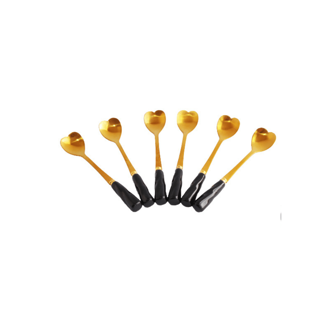 Jogo de Colheres para Sobremesa Coração Heart Dourado e Preto 12,2cm 6 Peças - Ela Decora