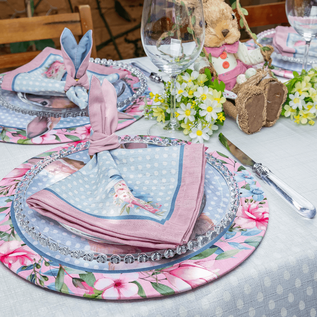 Jogo de Guardanapos Ovo de Páscoa Azul e Rosa com Argolas de Orelhinhas - 2 Peças Belchior - Ela Decora