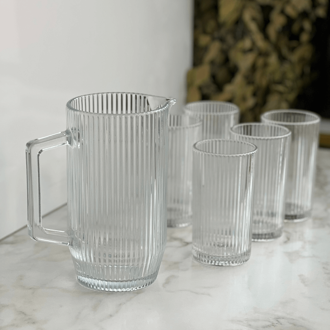 Jogo de Jarra com 6 Copos Graffiato de Vidro 7 Peças - Ela Decora