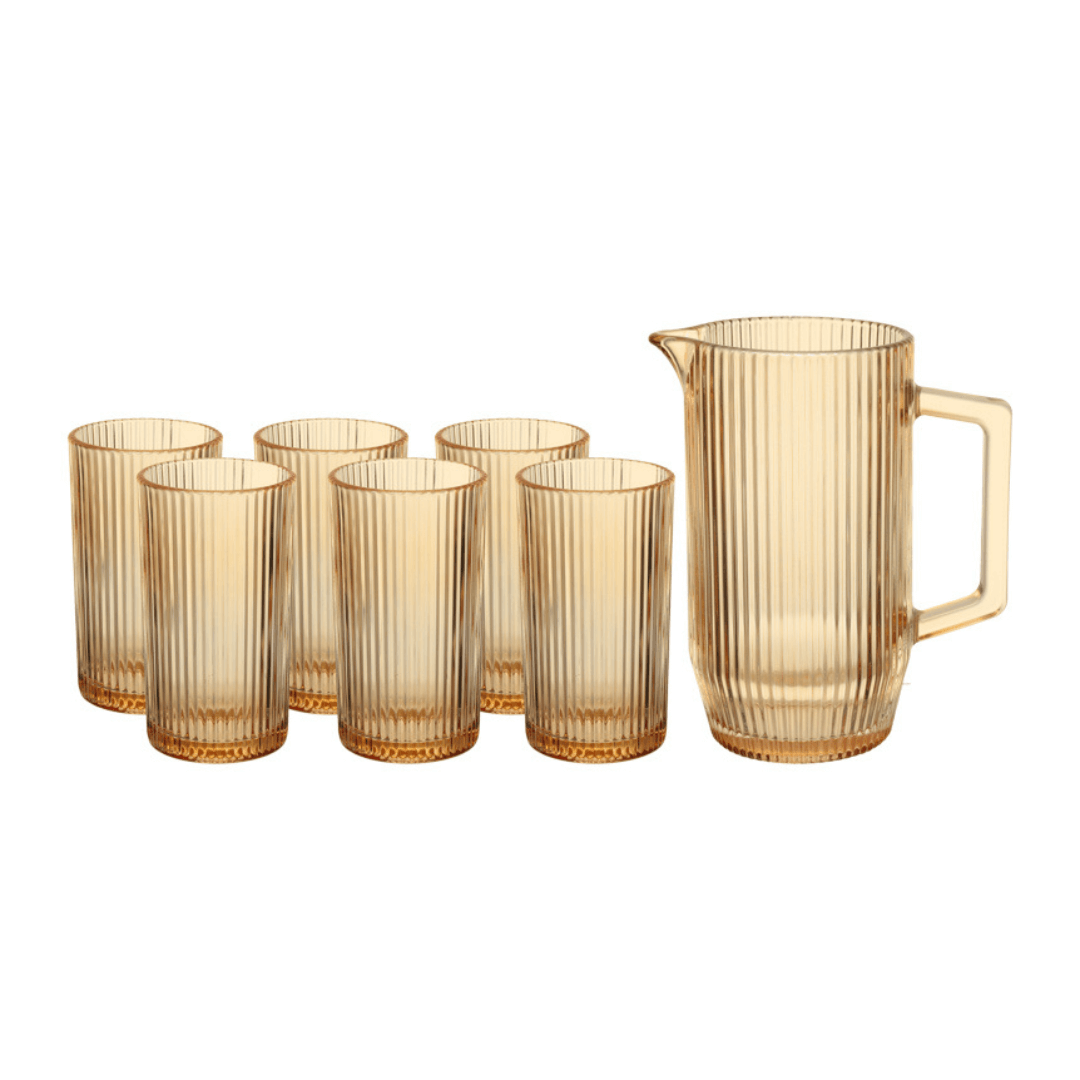 Jogo de Jarra com 6 Copos Graffiato de Vidro Âmbar 7 Peças - Ela Decora