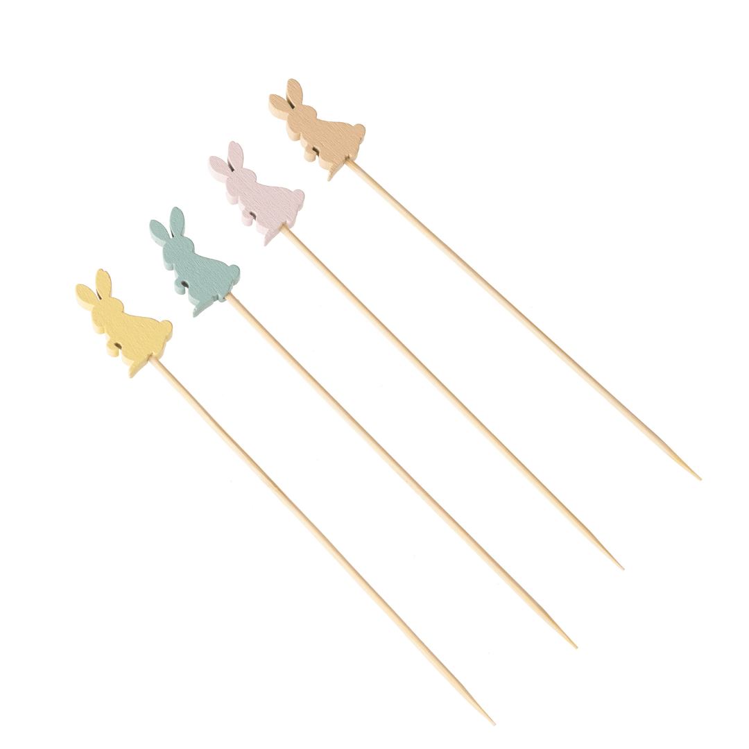 Jogo de Palitos para Petiscos em Bambu Coelhos Coloridos Páscoa 12cm 20 Peças - Ela Decora