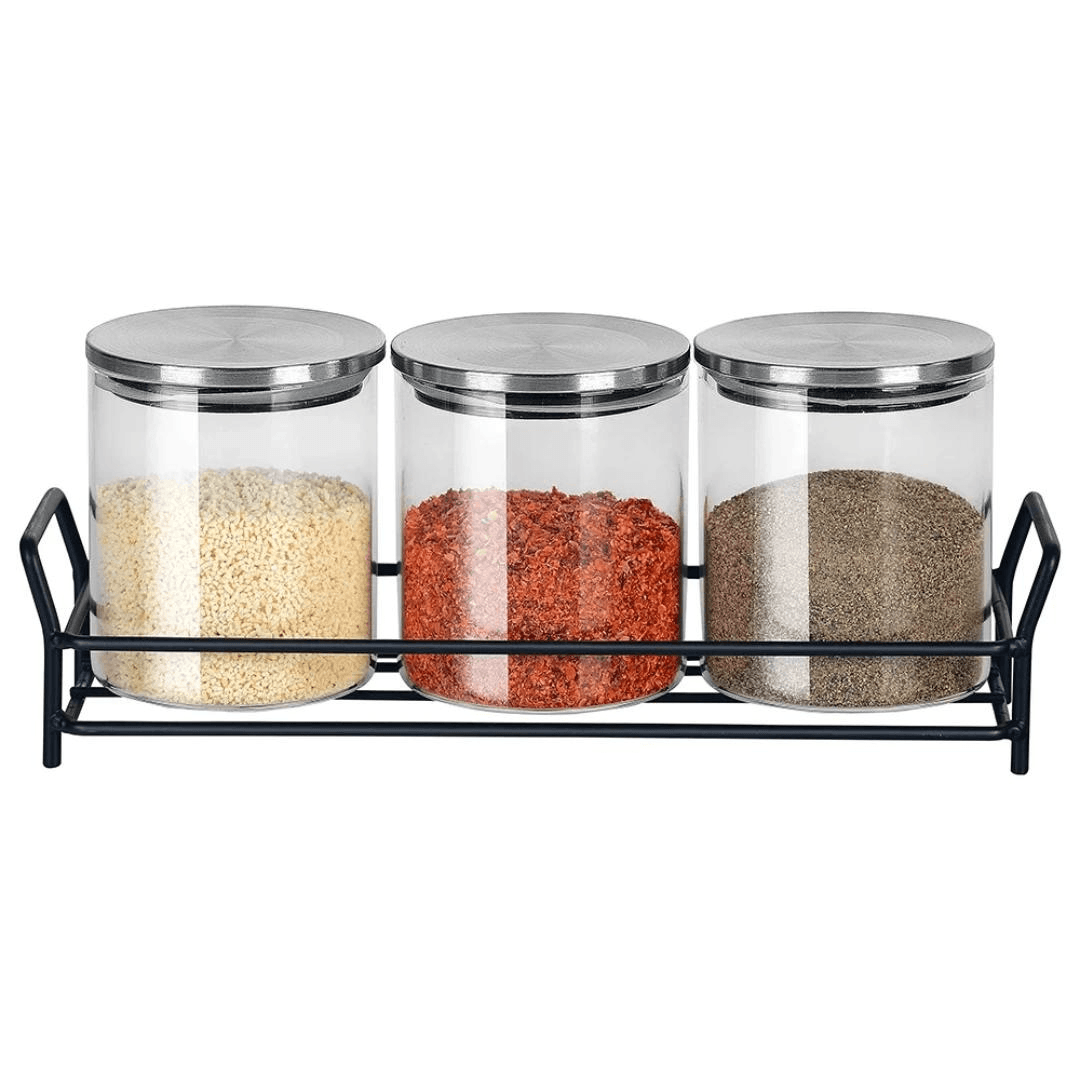 Jogo de Porta Condimentos Vidro Borossilicato com Tampa e Suporte de Metal 4 Peças - Ela Decora