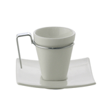 Jogo de Xícaras de Café com Pires Porcelana Alça Prata 80ml - 6 Peças - Ela Decora