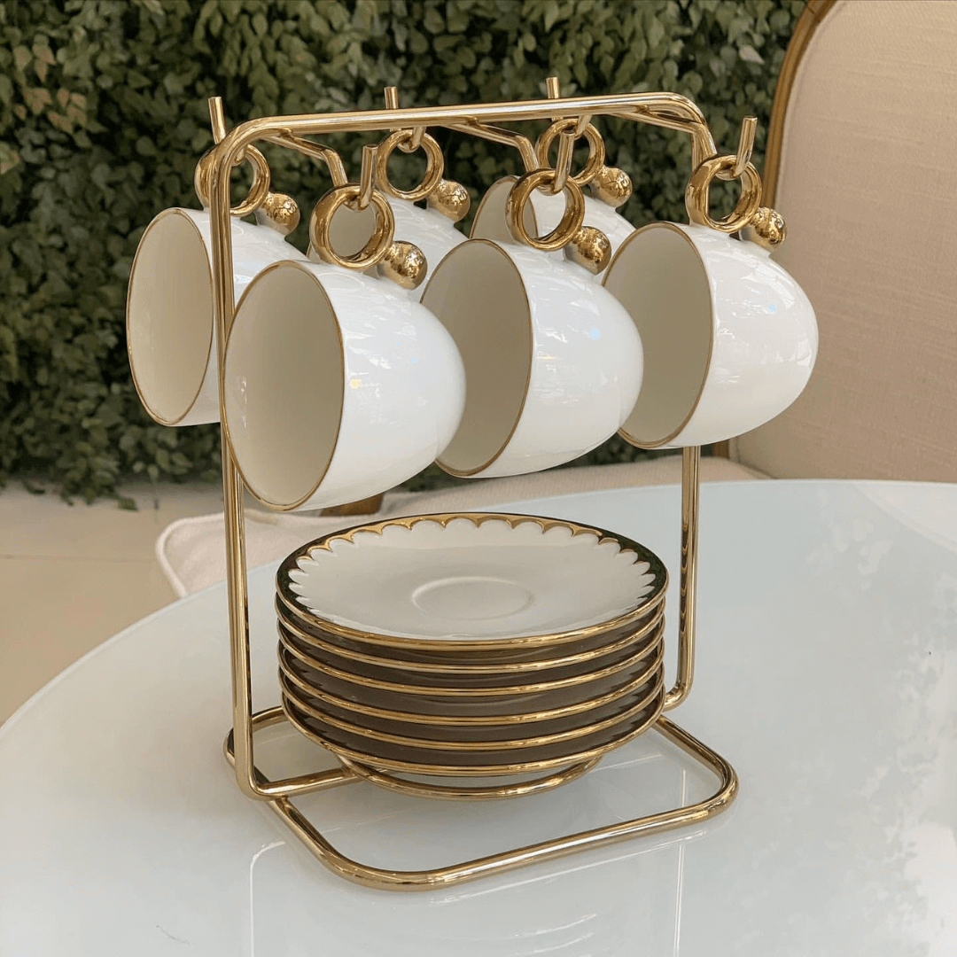 Jogo de Xícaras e Pires Para Café Porcelana Branco e Dourado 90ml Linha Egg 6 Peças - Ela Decora