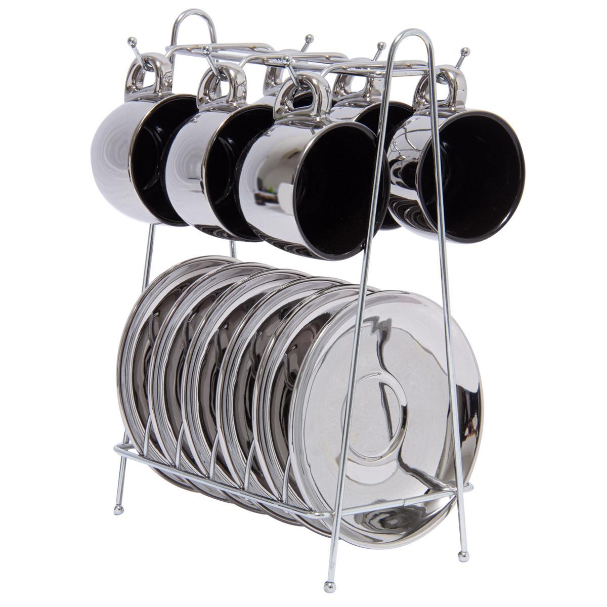 Jogo De Xícaras Luxo Para Café Com Pires E Suporte Wolff Versa 90ml 6 Peças Preto e Prata - Ela Decora