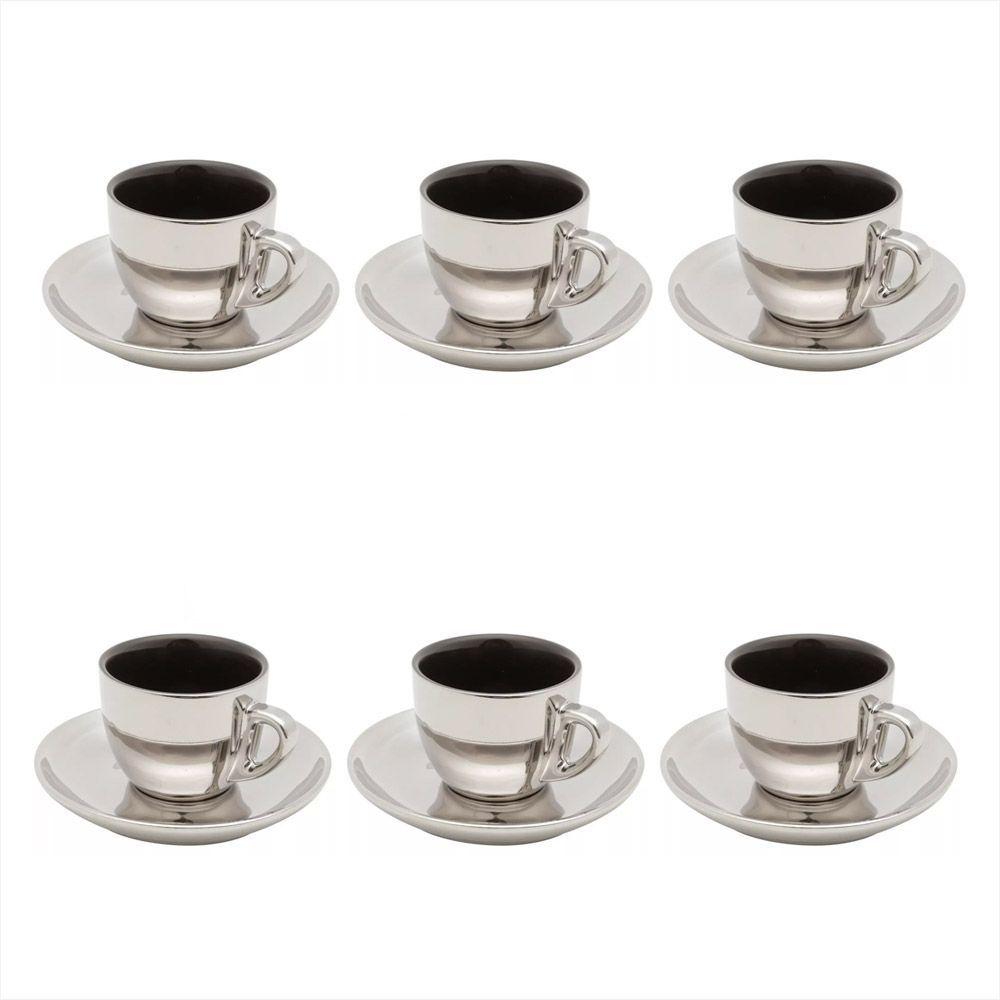 Jogo De Xicaras Luxo Para Café Com Pires Wolff Versa 90ml 6 Peças Preto e Prata - Ela Decora