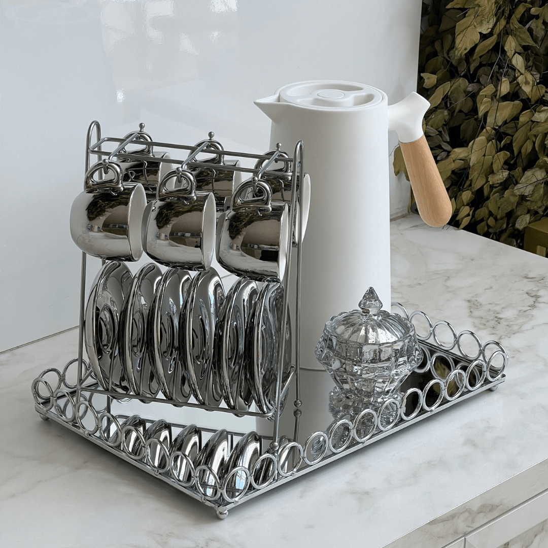 Jogo de Xicaras para Café com Pires e Suporte Branco e Cromado - Ela Decora