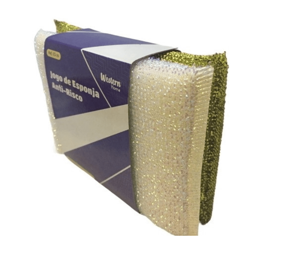 Jogo Esponja Anti Risco Branco e Dourado 2 Peças - Ela Decora