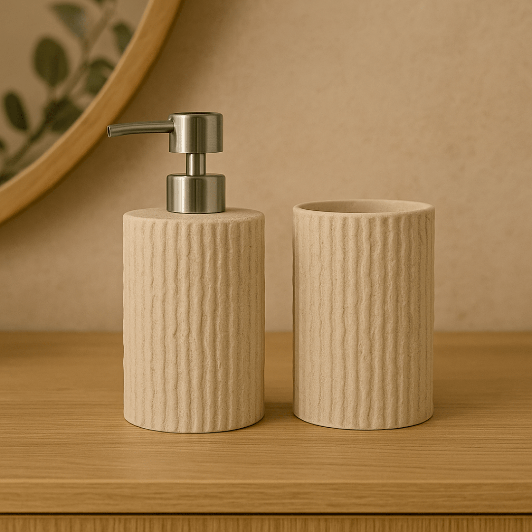 Jogo para Banheiro Canelado em Polirresina Bege 2 Peças - Ela Decora