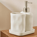 Jogo para banheiro com dispenser, copo e bandeja organizadora. Ideal para banheiros decorados, combina com lixeira para banheiro, porta detergente e acessórios de bancada com design moderno e funcional.