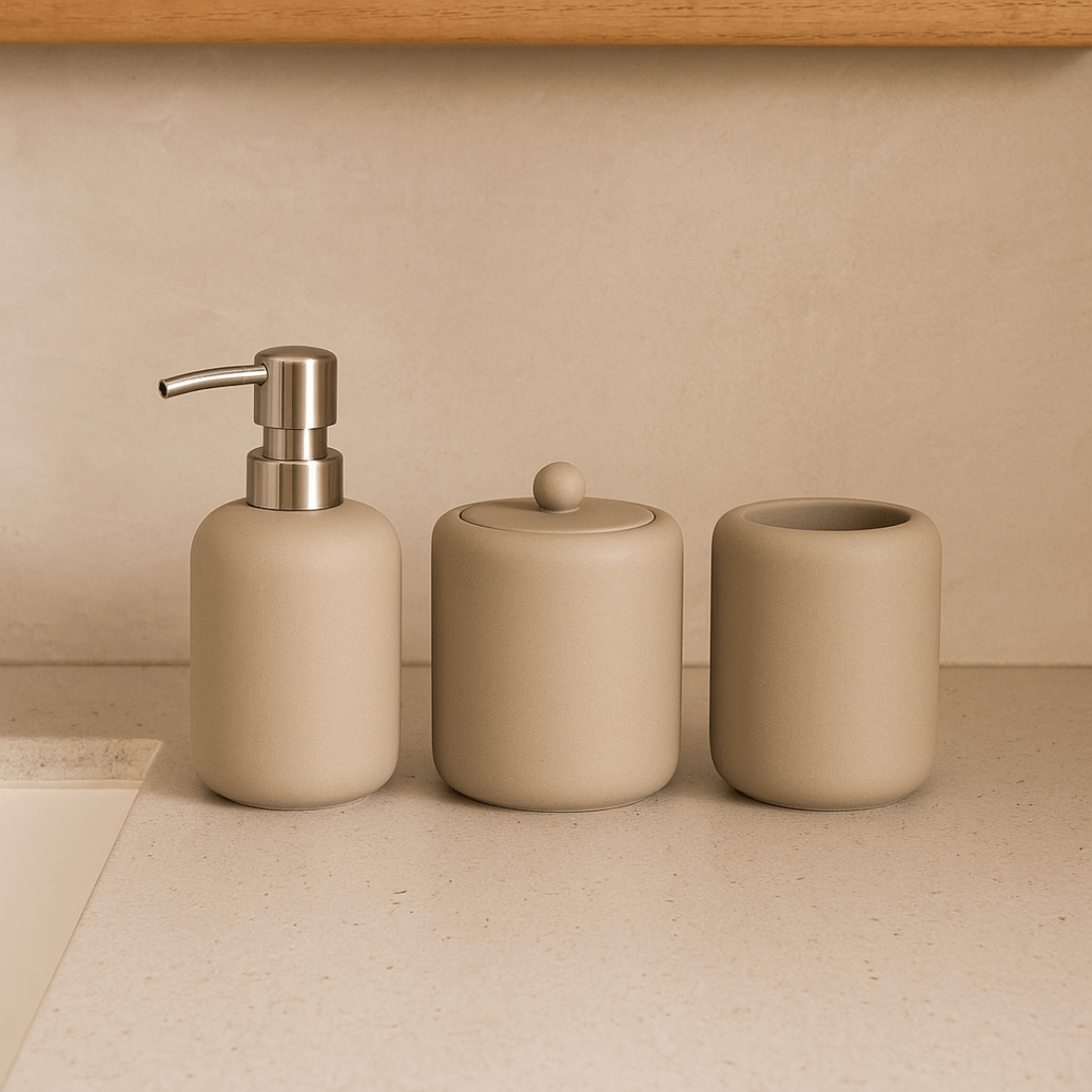 Jogo para Banheiro em Polirresina Cinza 3 Peças - Ela Decora