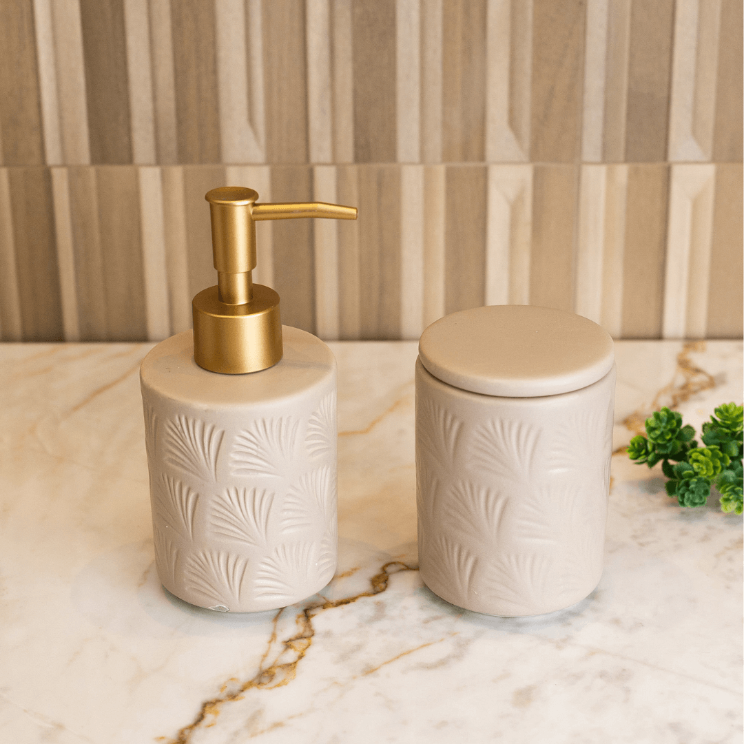 Jogo para Banheiro Leaf em Ceramica Nude 2 Peças - Ela Decora