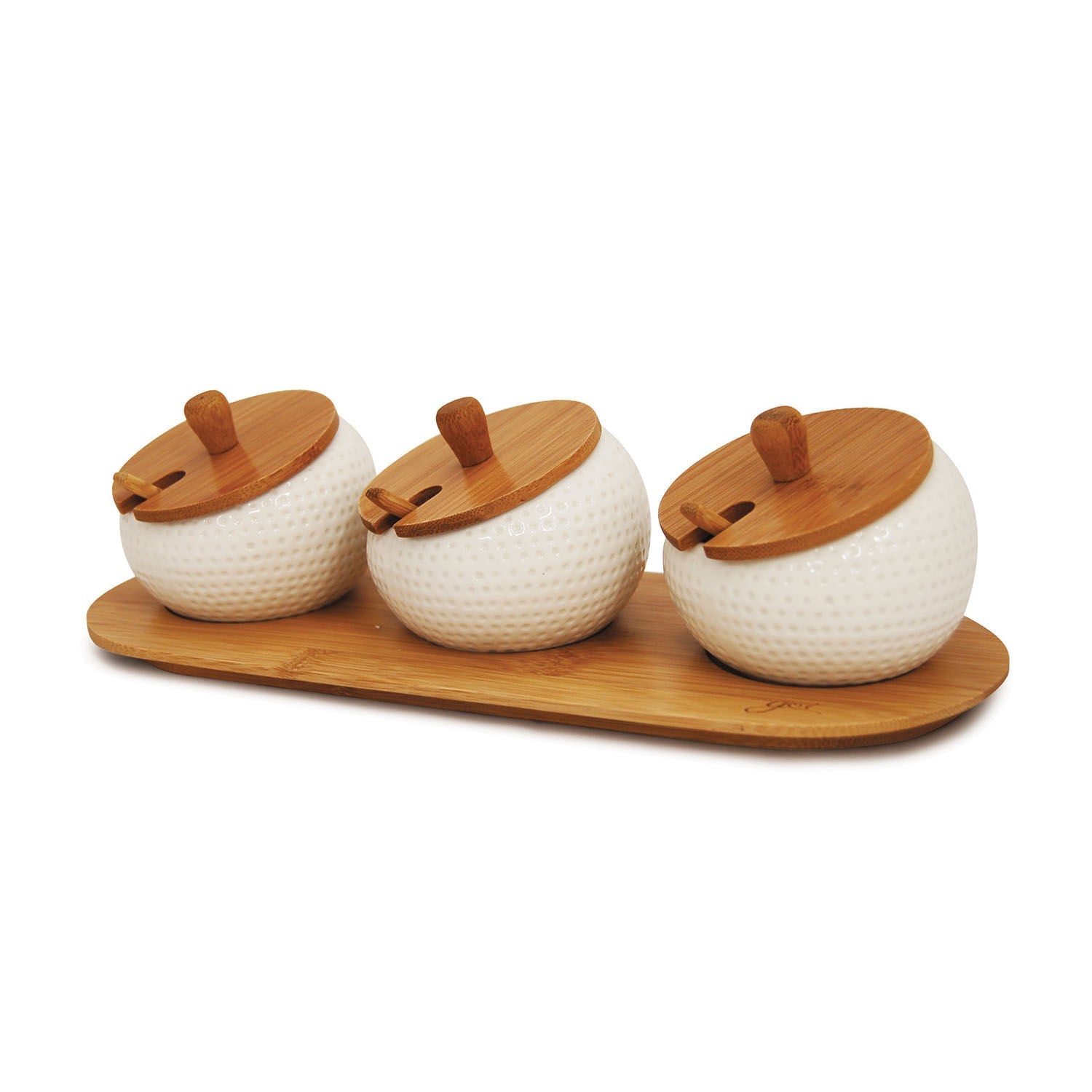 Jogo Porta Temperos em Cerâmica com Colher de Bambu e Suporte 4 Peças - Ela Decora