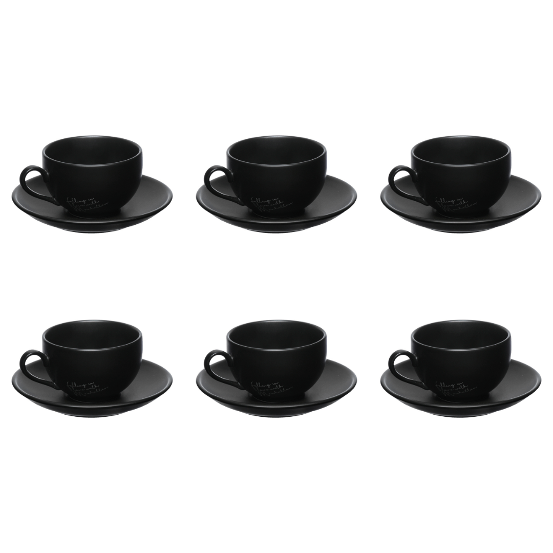 Jogo Xicara de Chá com Pires em Porcelana Manhattan Preta 160ml 6 Peças - Ela Decora