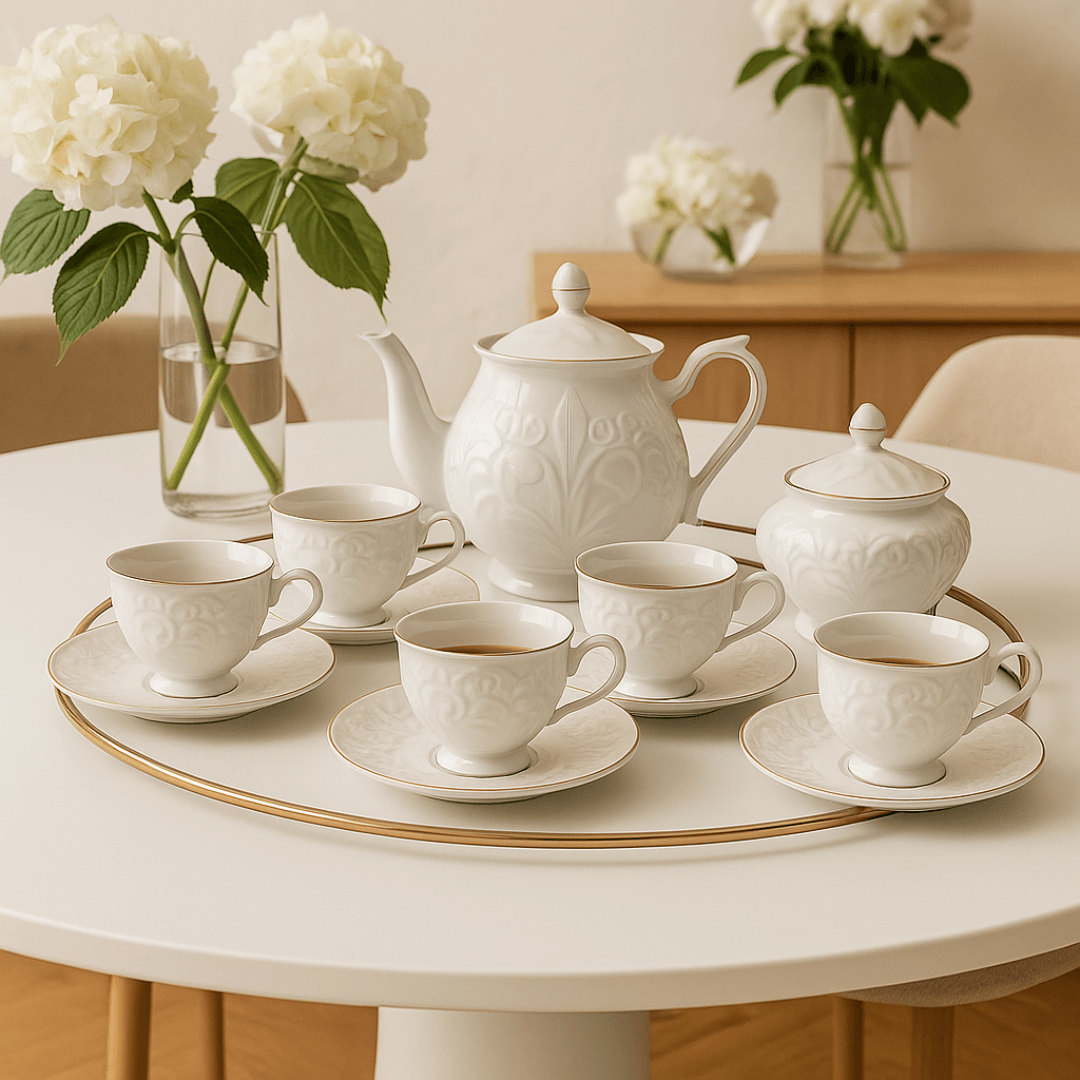 conjunto para chá branco com bule açucareiro e xicaras de café com pires