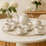 conjunto para chá branco com bule açucareiro e xicaras de café com pires