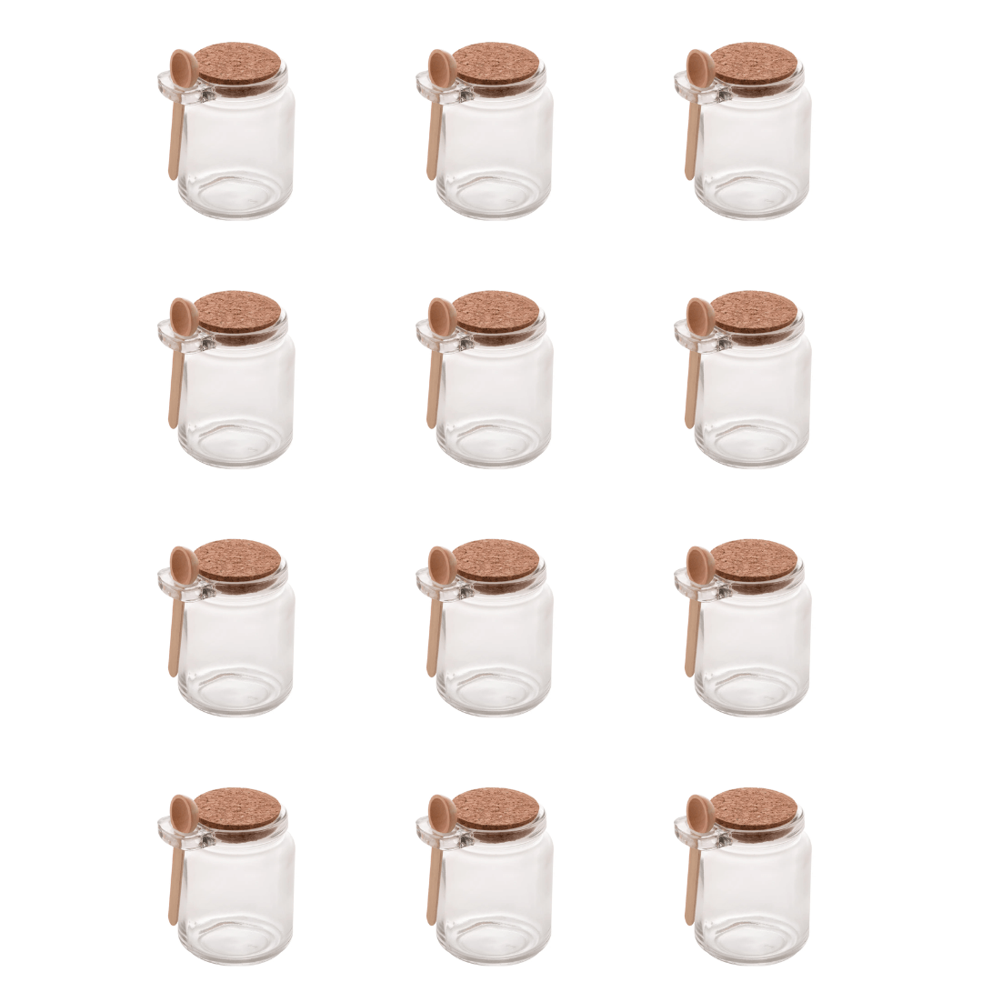 Kit 12 Potes de Vidro Tampa Rolha com Colher Bambu 240ml - Ela Decora
