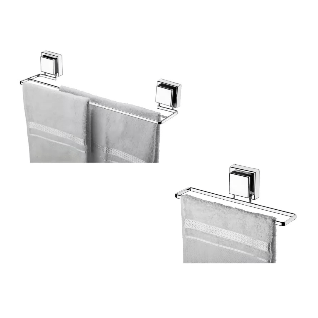 Kit 2 Porta Toalhas de Banho e Rosto em Ventosa Cromado - Ela Decora