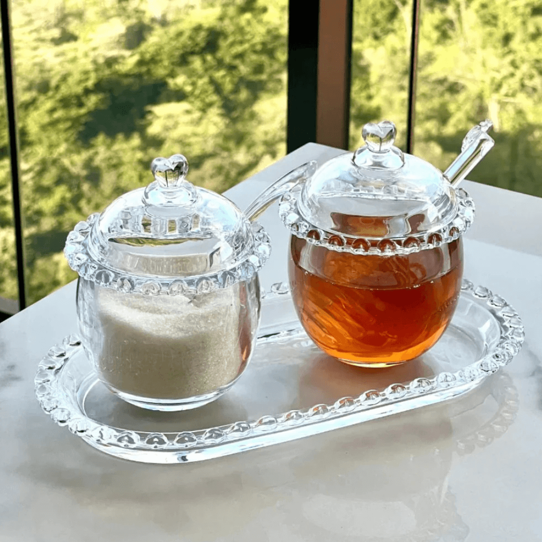 Kit 3 Peças Açucareiro, Meleira e Travessa Coração de Cristal - Ela Decora