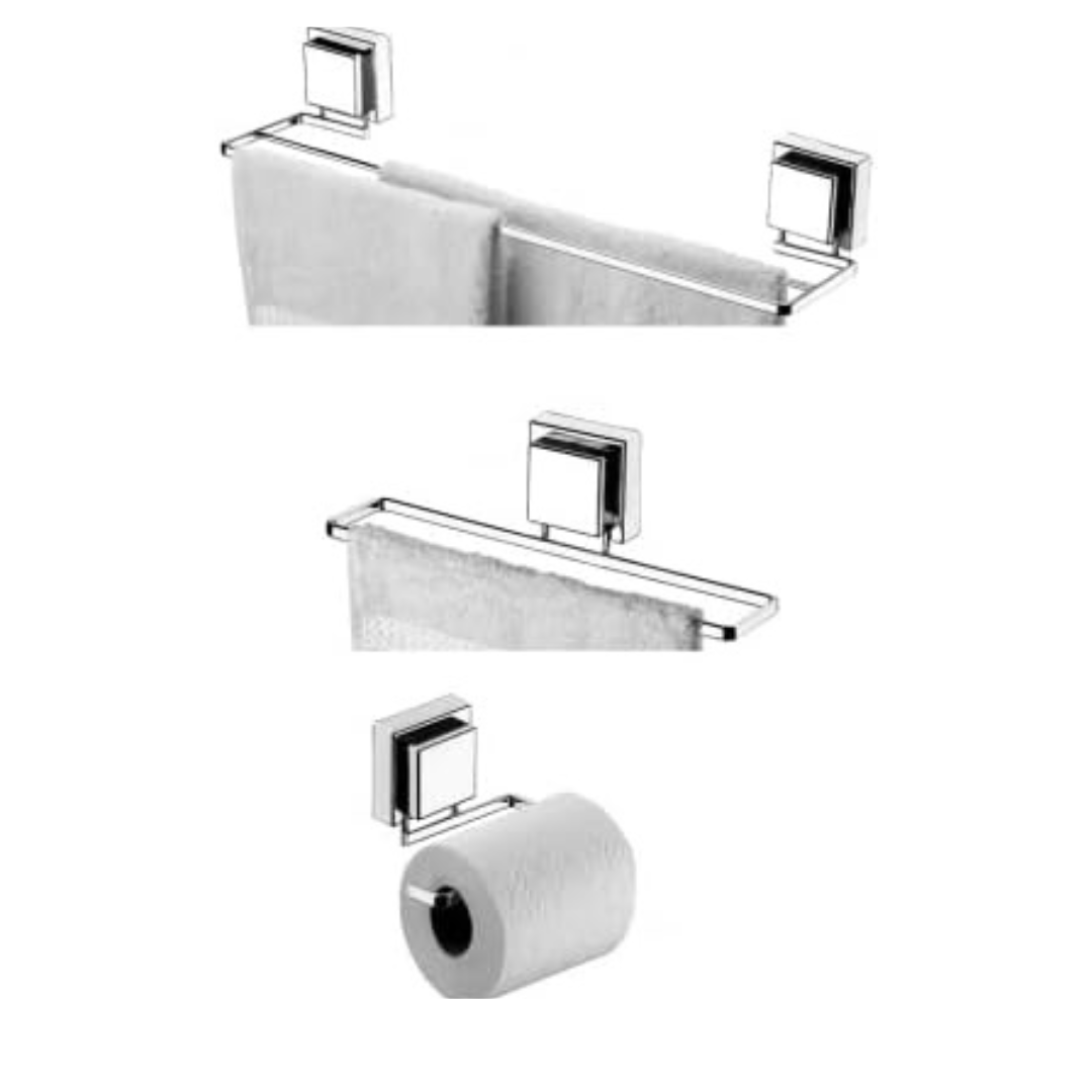 Kit Acessórios para Banheiro de Ventosa Cromado3 Peças - Ela Decora