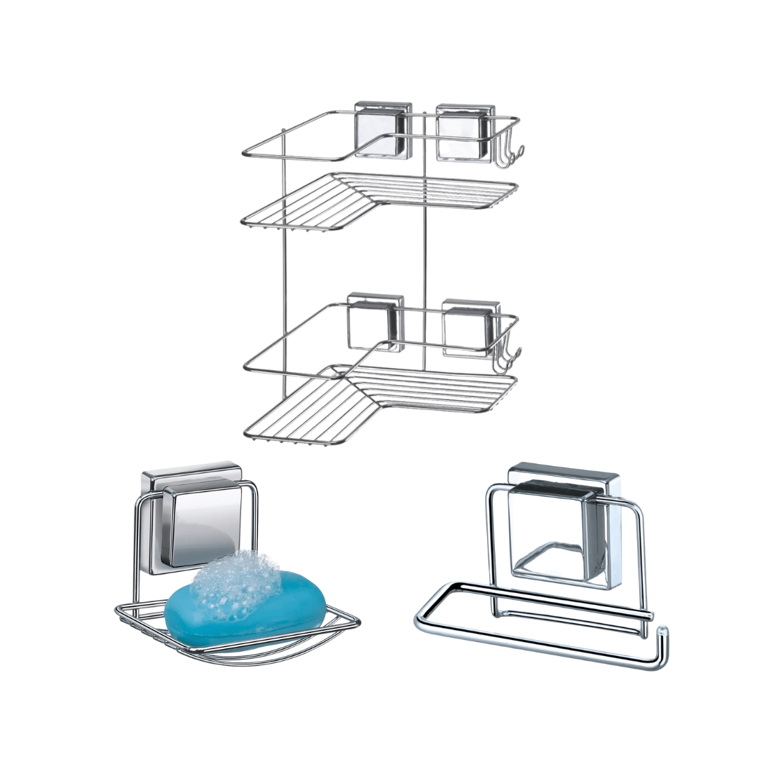 Kit Acessórios para Banheiro Fixação por Ventosa Cromado 3 Peças - Ela Decora