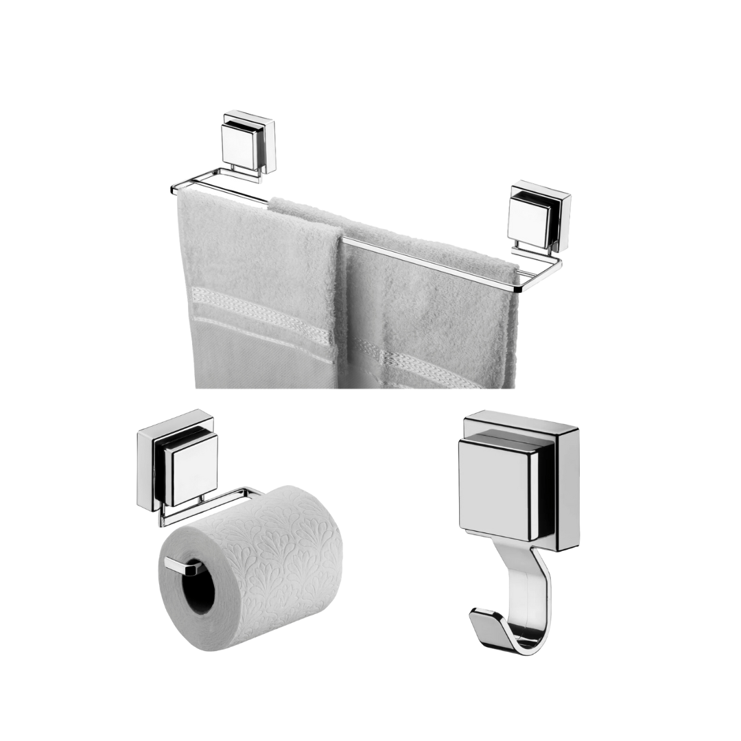 Kit Banheiro Acessórios com Fixação Ventosa Cromado 3 Peças - Ela Decora