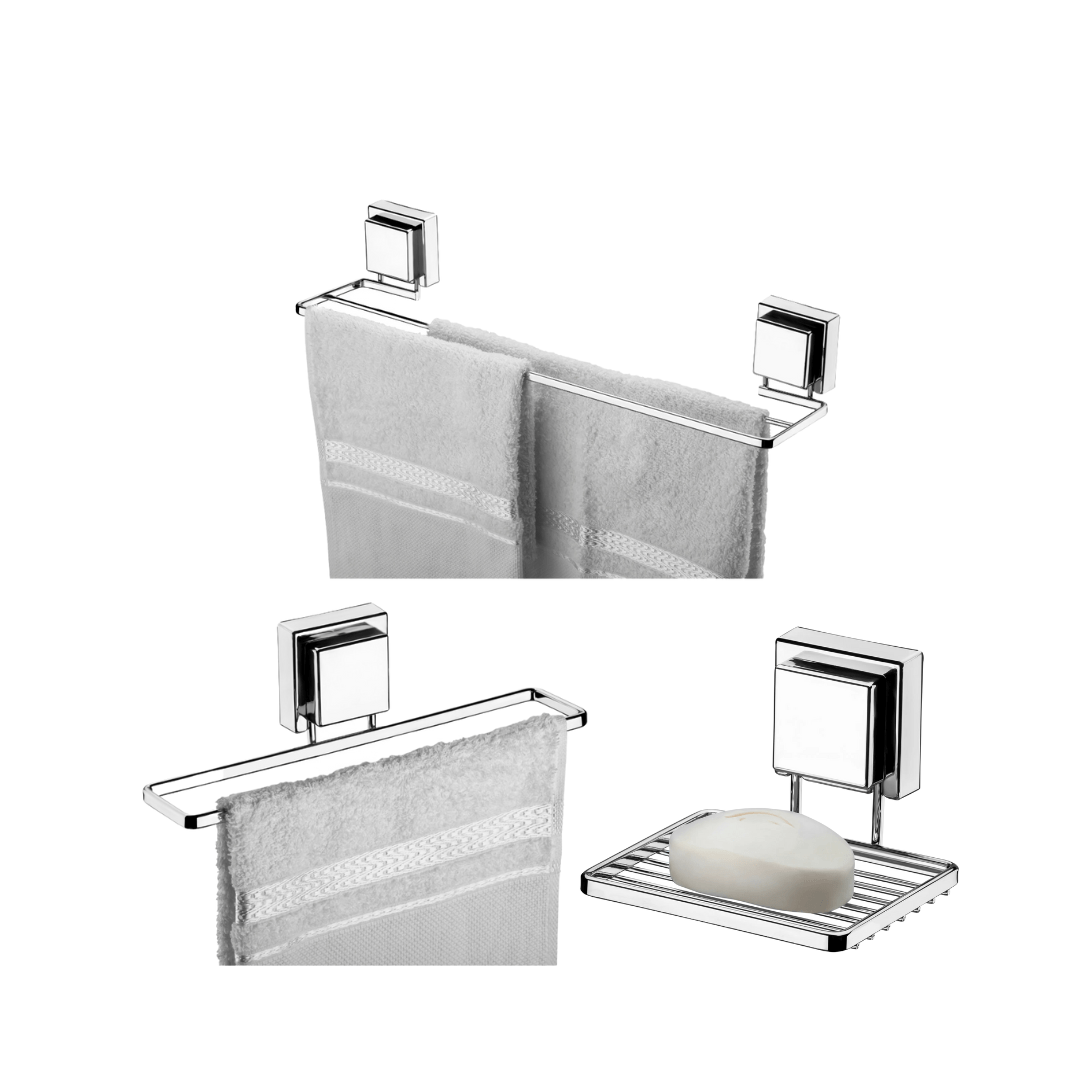 Kit Banheiro Acessórios Fixação Ventosa Cromado 3 Peças - Ela Decora