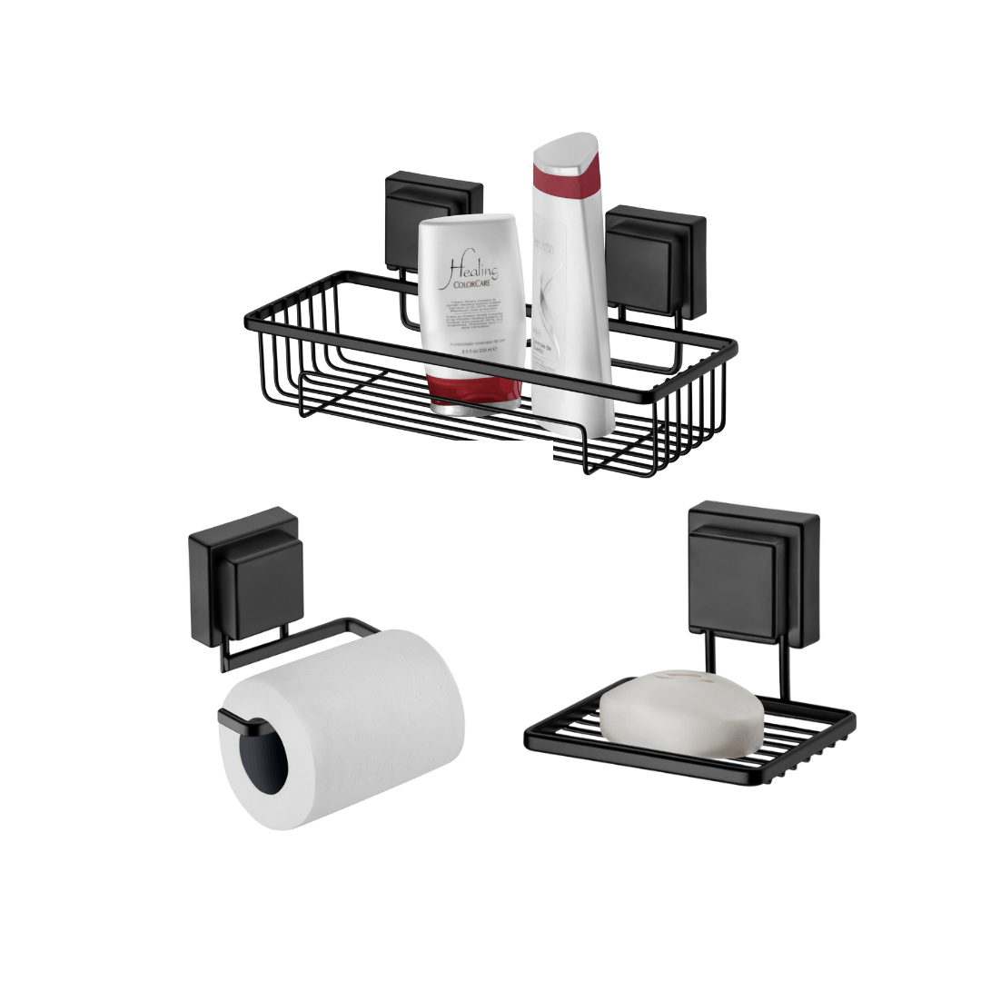 Kit Banheiro Acessórios Fixação Ventosa Preto Fosco 3 Peças - Ela Decora