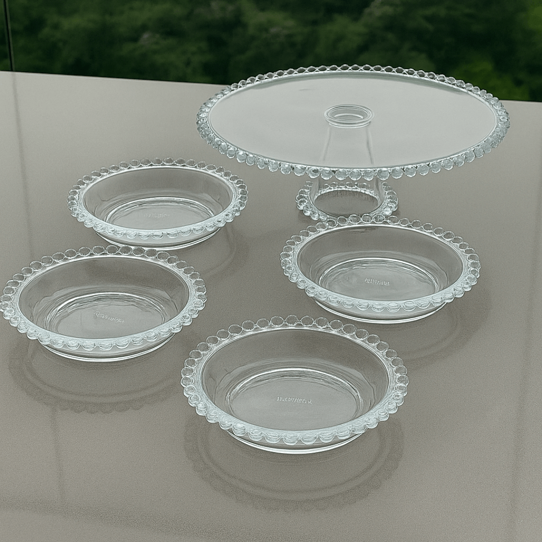 Kit Boleira e Jogo de Pratos Cristal Pearl 5 Peças - Ela Decora