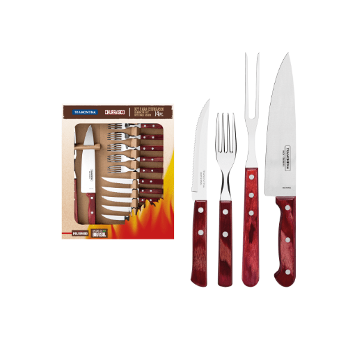 Kit Churrasco em Aço Inox com Cabo Vermelho Polywood 14 Peças Tramontina - Ela Decora