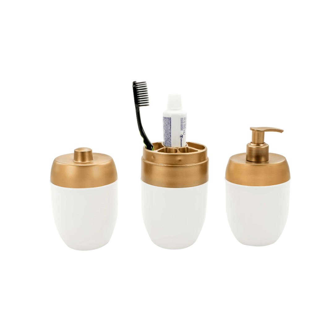 Kit de Acessórios Para Banheiro Lavabo Branco e Dourado 3 Peças - Ela Decora
