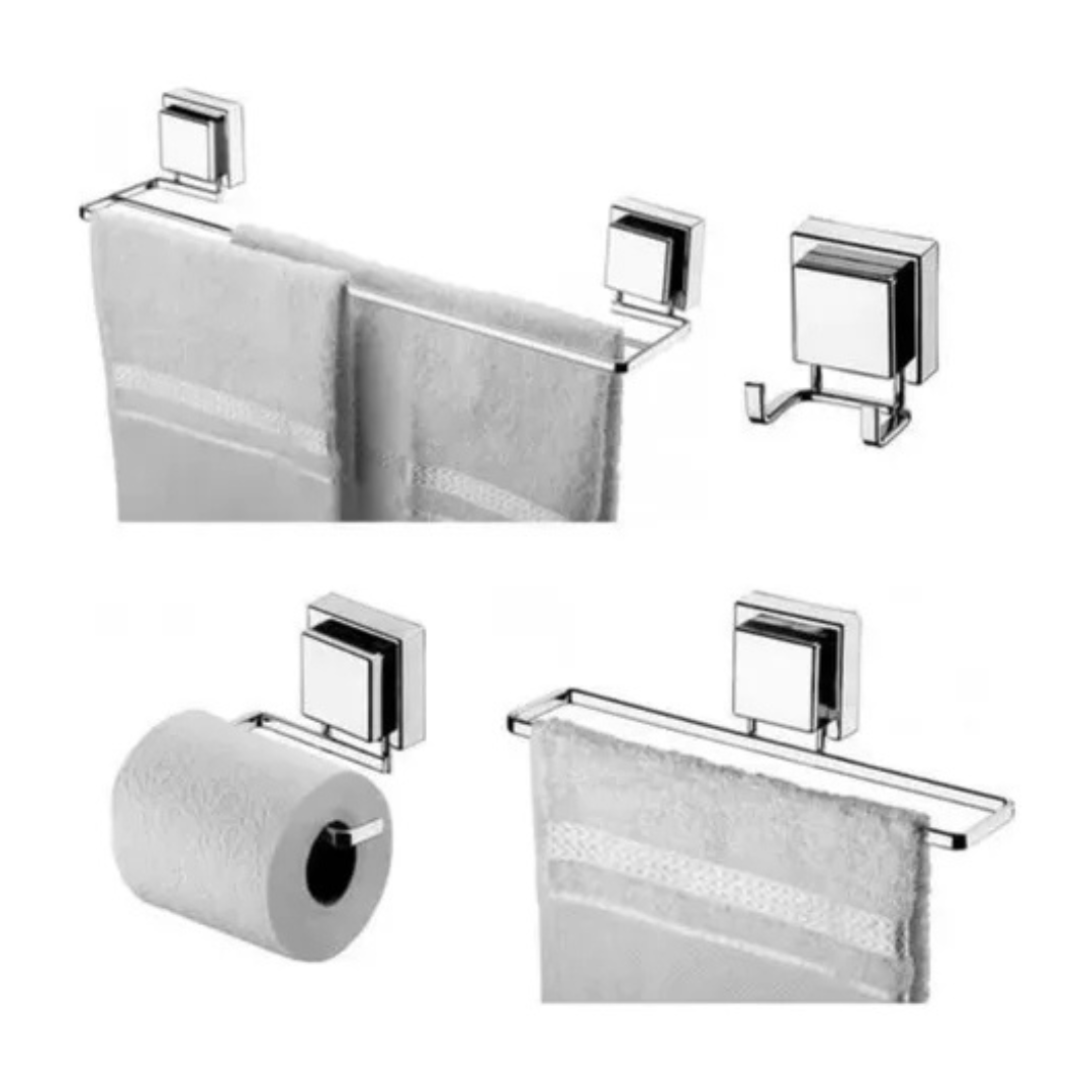 Kit de Banheiro de Ventosa Cromado 4 Peças - Ela Decora