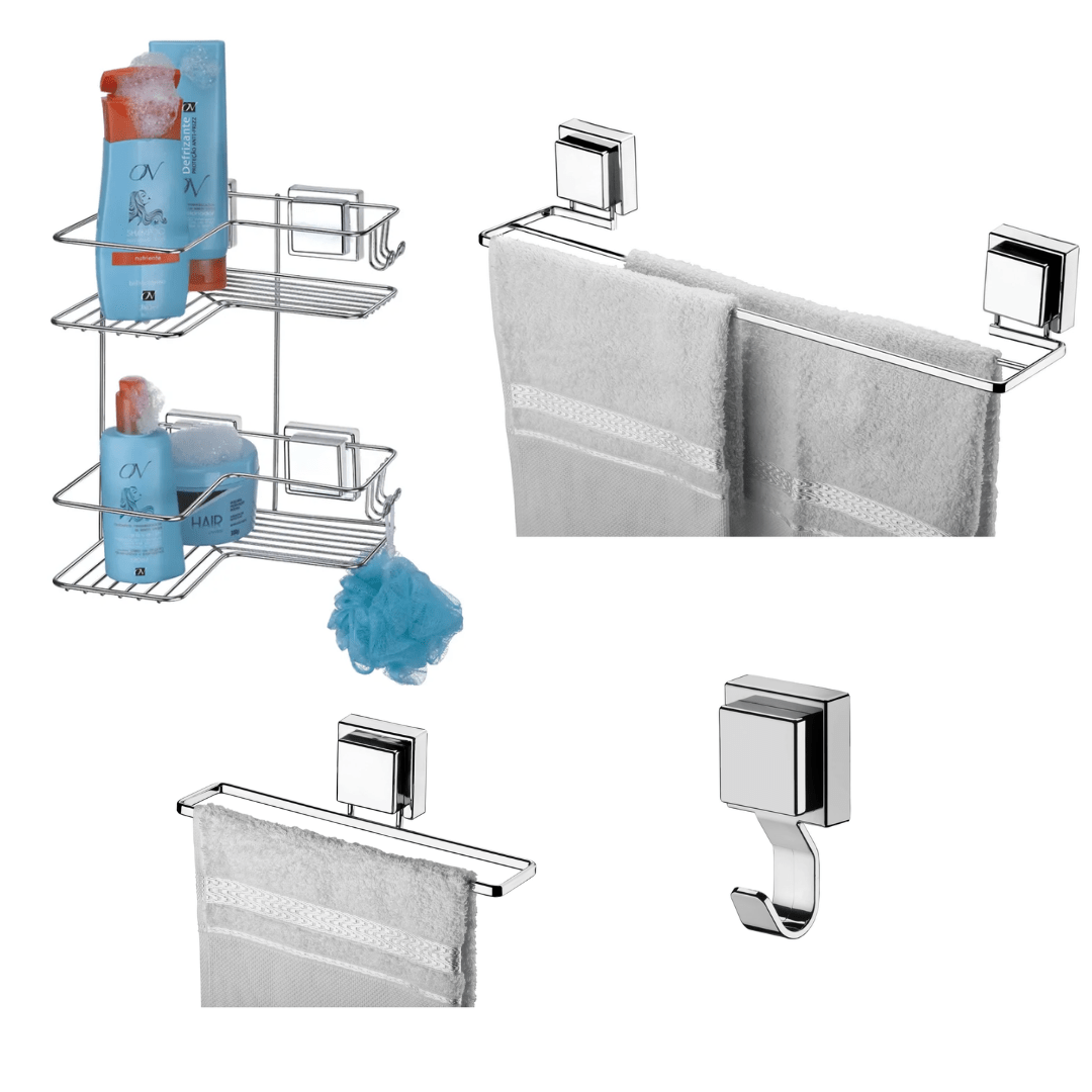 Kit para Banheiro Acessórios de Ventosa Cromado - 4 Peças - Ela Decora