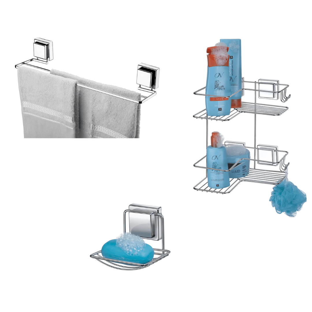 Kit para Banheiro em Aço com Ventosa Cromado - 3 Peças - Ela Decora