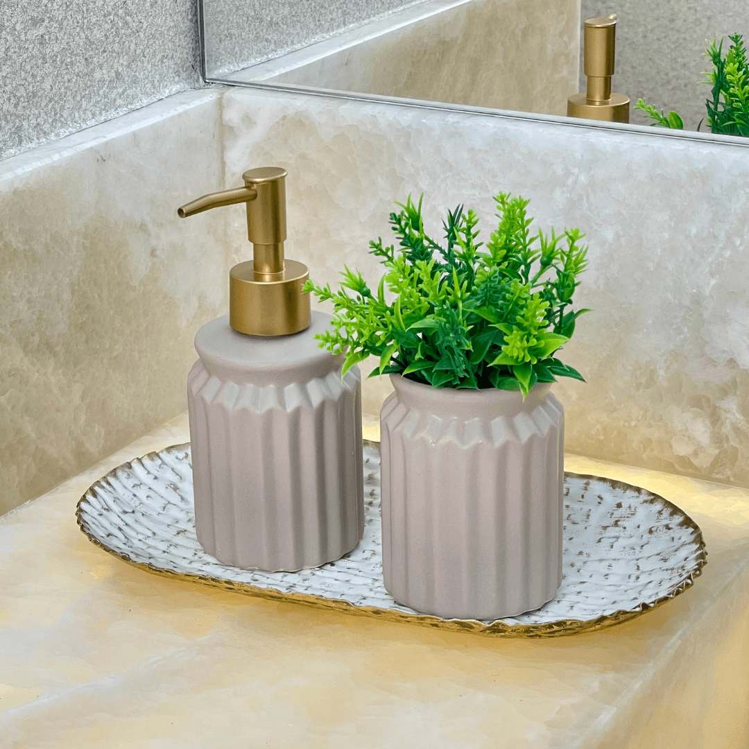 Kit para Banheiro em Cerâmica Stripes Nude 2 Peças - Ela Decora